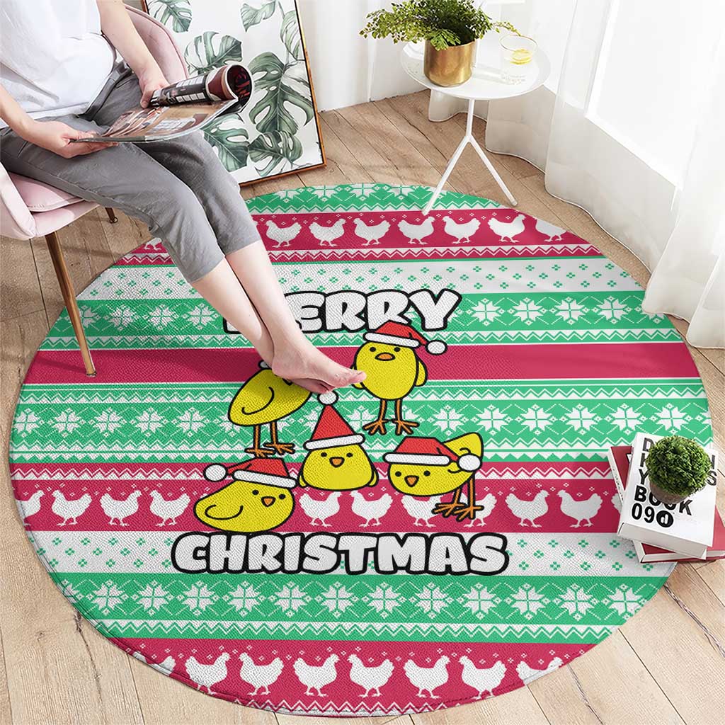 Merry Chickmas Christmas Round Carpet with Yellow Cartoon Birds in Santa Hats and Red Green Snowflake Pattern - Wonder Print Shop