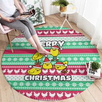 Merry Chickmas Christmas Round Carpet with Yellow Cartoon Birds in Santa Hats and Red Green Snowflake Pattern - Wonder Print Shop