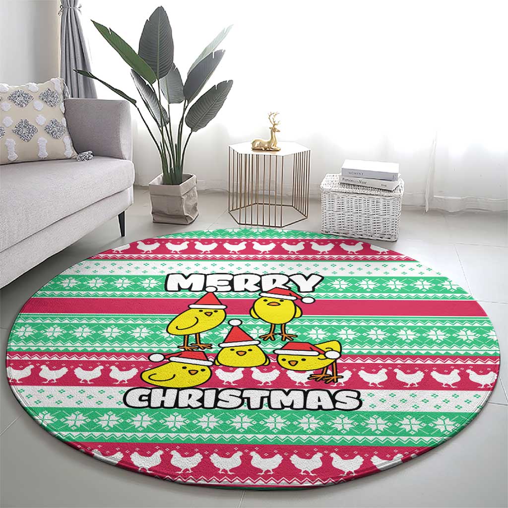 Merry Chickmas Christmas Round Carpet with Yellow Cartoon Birds in Santa Hats and Red Green Snowflake Pattern - Wonder Print Shop