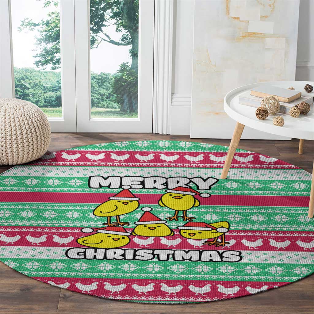 Merry Chickmas Christmas Round Carpet with Yellow Cartoon Birds in Santa Hats and Red Green Snowflake Pattern - Wonder Print Shop