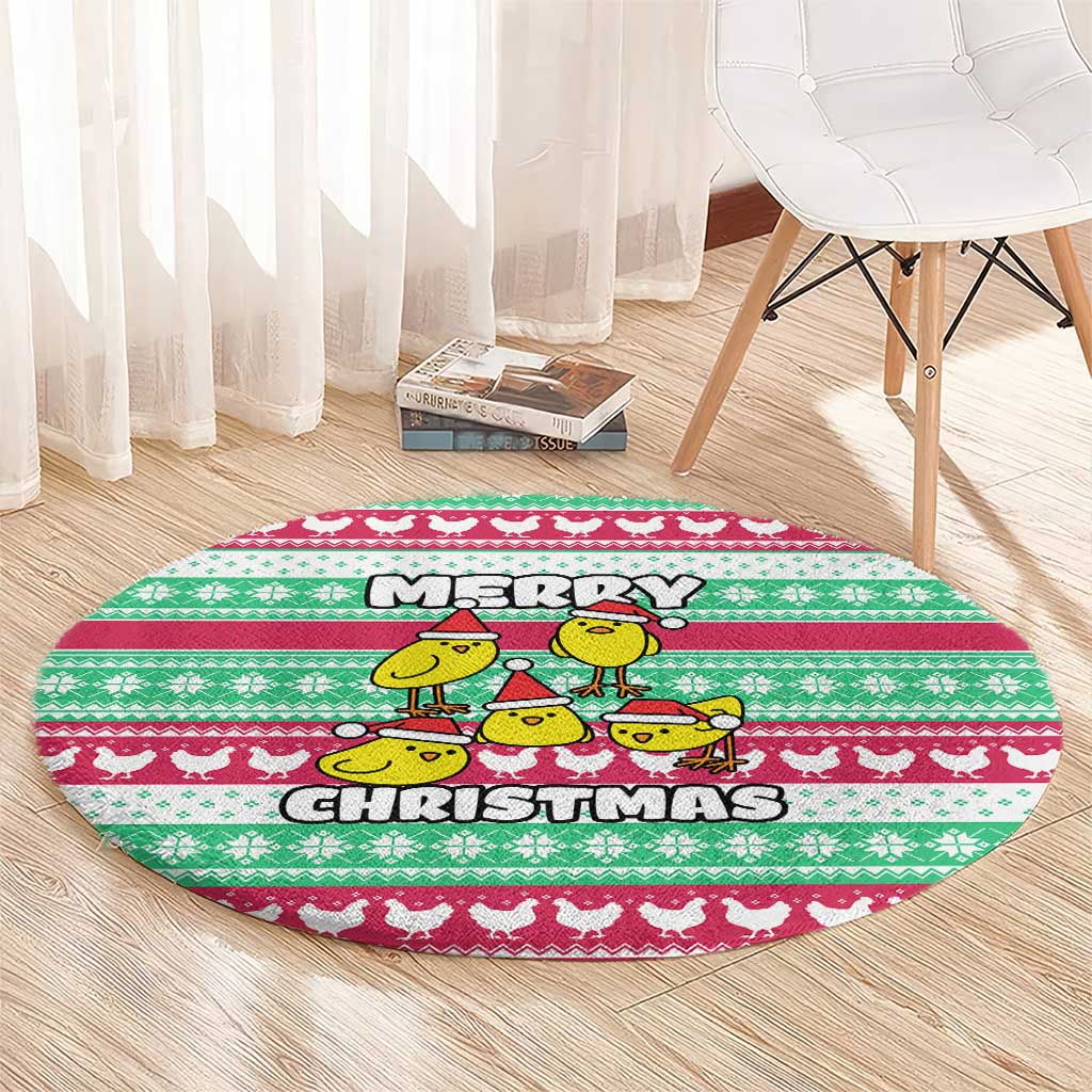 Merry Chickmas Christmas Round Carpet with Yellow Cartoon Birds in Santa Hats and Red Green Snowflake Pattern - Wonder Print Shop