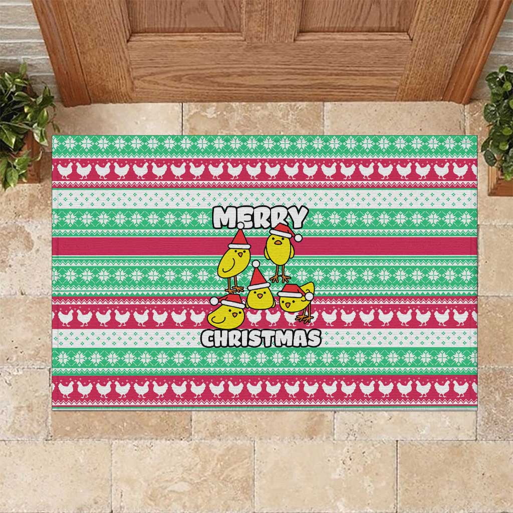 Merry Chickmas Christmas Rubber Doormat with Yellow Cartoon Birds in Santa Hats and Red Green Snowflake Pattern - Wonder Print Shop