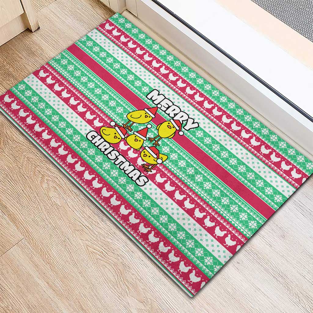 Merry Chickmas Christmas Rubber Doormat with Yellow Cartoon Birds in Santa Hats and Red Green Snowflake Pattern - Wonder Print Shop