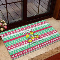 Merry Chickmas Christmas Rubber Doormat with Yellow Cartoon Birds in Santa Hats and Red Green Snowflake Pattern - Wonder Print Shop