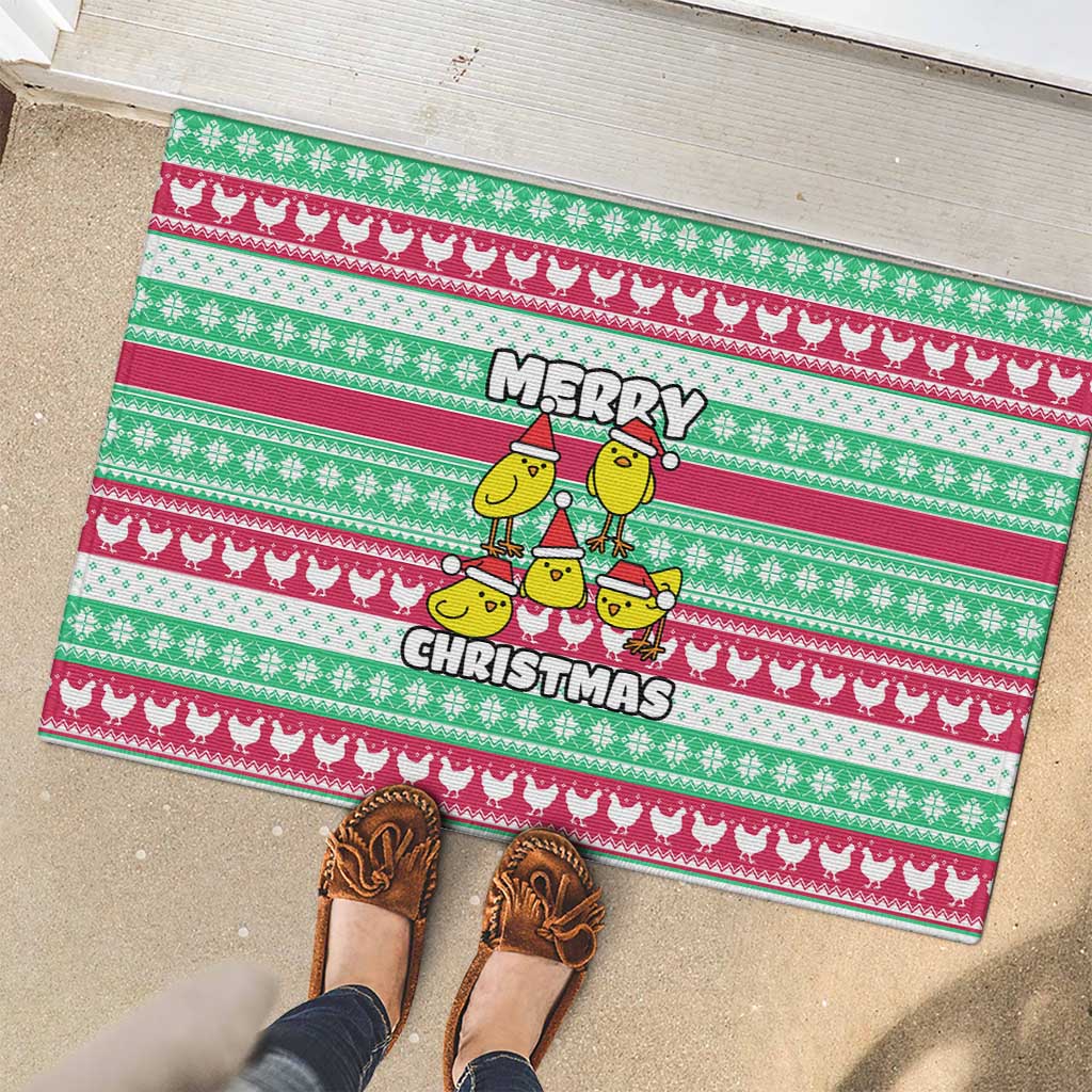 Merry Chickmas Christmas Rubber Doormat with Yellow Cartoon Birds in Santa Hats and Red Green Snowflake Pattern - Wonder Print Shop