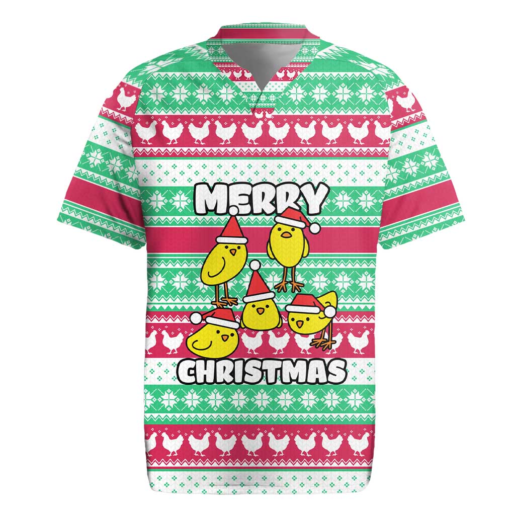 Merry Chickmas Christmas Rugby Jersey with Yellow Cartoon Birds in Santa Hats and Red Green Snowflake Pattern - Wonder Print Shop
