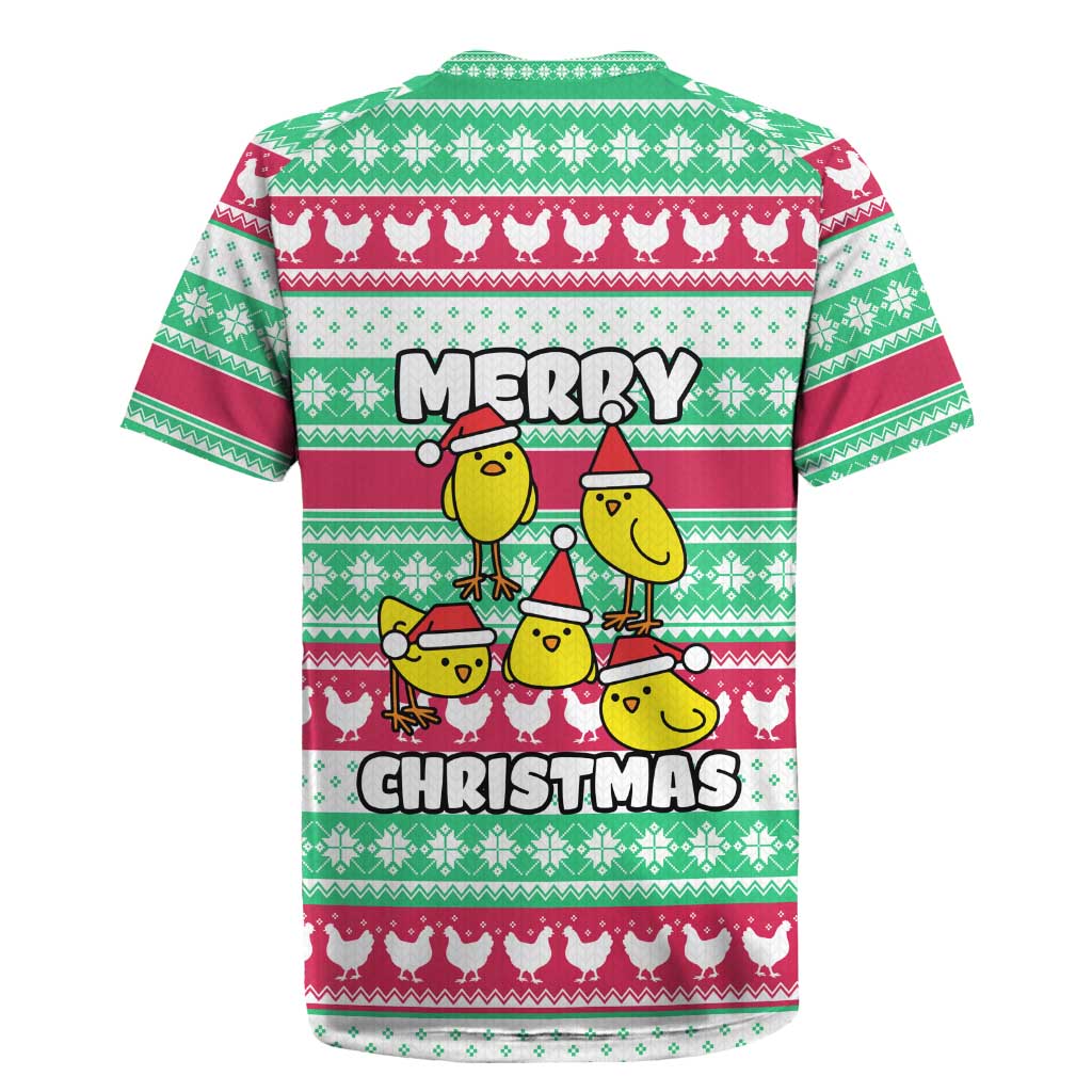 Merry Chickmas Christmas Rugby Jersey with Yellow Cartoon Birds in Santa Hats and Red Green Snowflake Pattern - Wonder Print Shop
