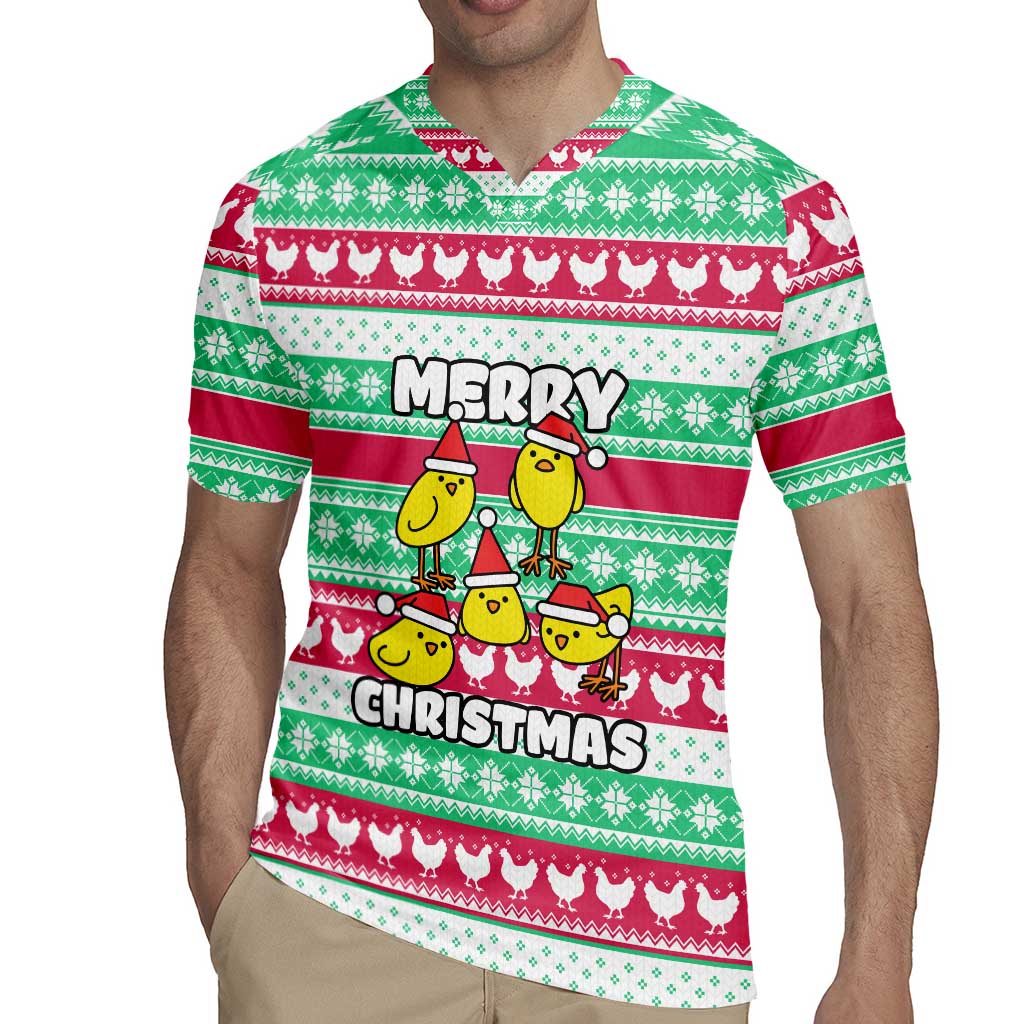 Merry Chickmas Christmas Rugby Jersey with Yellow Cartoon Birds in Santa Hats and Red Green Snowflake Pattern - Wonder Print Shop