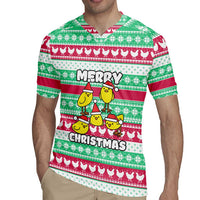 Merry Chickmas Christmas Rugby Jersey with Yellow Cartoon Birds in Santa Hats and Red Green Snowflake Pattern - Wonder Print Shop