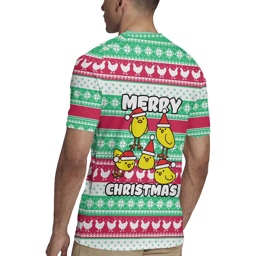 Merry Chickmas Christmas Rugby Jersey with Yellow Cartoon Birds in Santa Hats and Red Green Snowflake Pattern - Wonder Print Shop