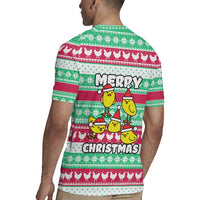 Merry Chickmas Christmas Rugby Jersey with Yellow Cartoon Birds in Santa Hats and Red Green Snowflake Pattern - Wonder Print Shop