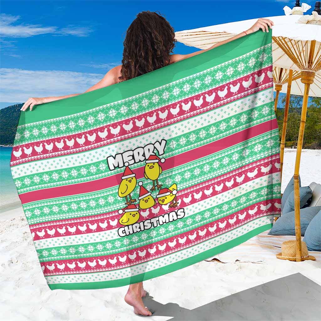 Merry Chickmas Christmas Sarong with Yellow Cartoon Birds in Santa Hats and Red Green Snowflake Pattern - Wonder Print Shop