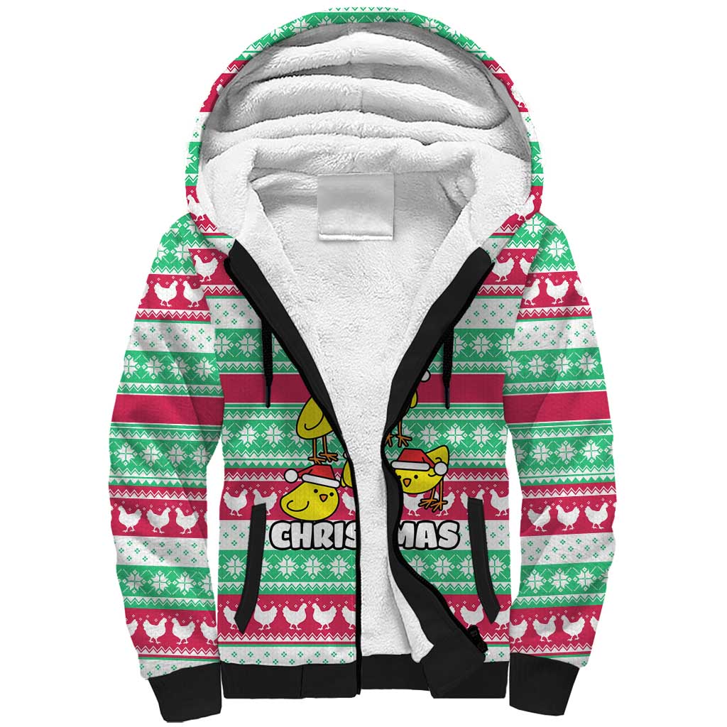 Merry Chickmas Christmas Sherpa Hoodie with Yellow Cartoon Birds in Santa Hats and Red Green Snowflake Pattern - Wonder Print Shop