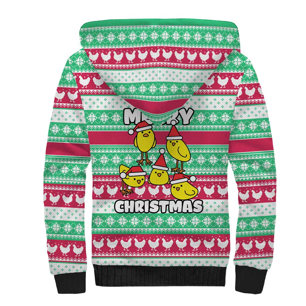 Merry Chickmas Christmas Sherpa Hoodie with Yellow Cartoon Birds in Santa Hats and Red Green Snowflake Pattern - Wonder Print Shop