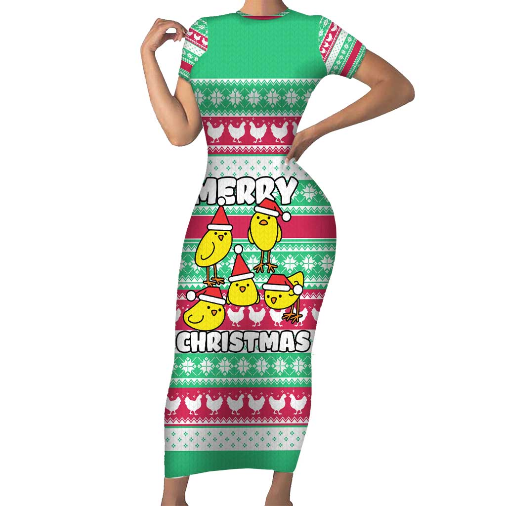 Merry Chickmas Christmas Short Sleeve Bodycon Dress with Yellow Cartoon Birds in Santa Hats and Red Green Snowflake Pattern - Wonder Print Shop
