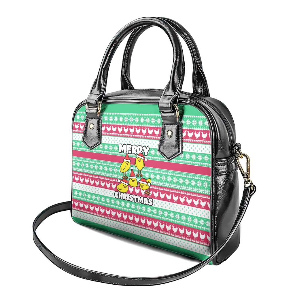 Merry Chickmas Christmas Shoulder Handbag with Yellow Cartoon Birds in Santa Hats and Red Green Snowflake Pattern - Wonder Print Shop