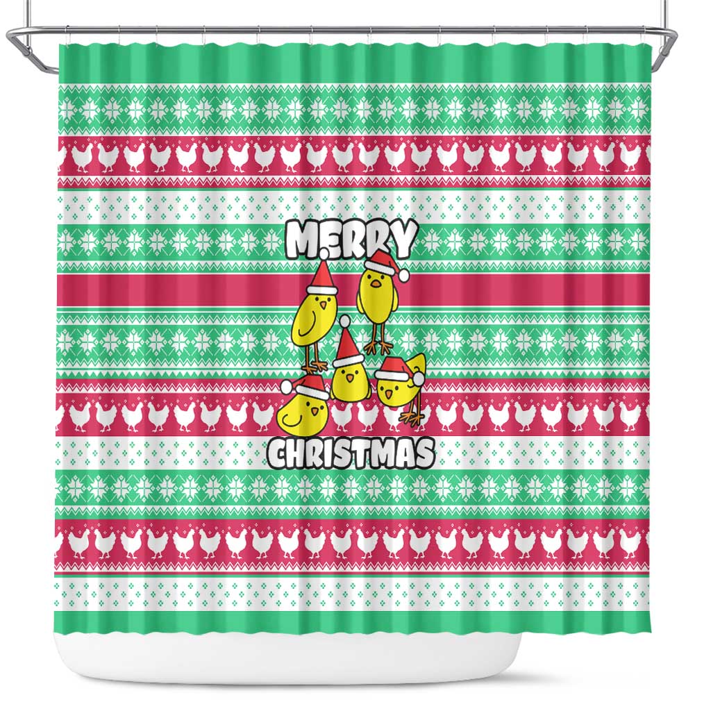 Merry Chickmas Christmas Shower Curtain with Yellow Cartoon Birds in Santa Hats and Red Green Snowflake Pattern - Wonder Print Shop