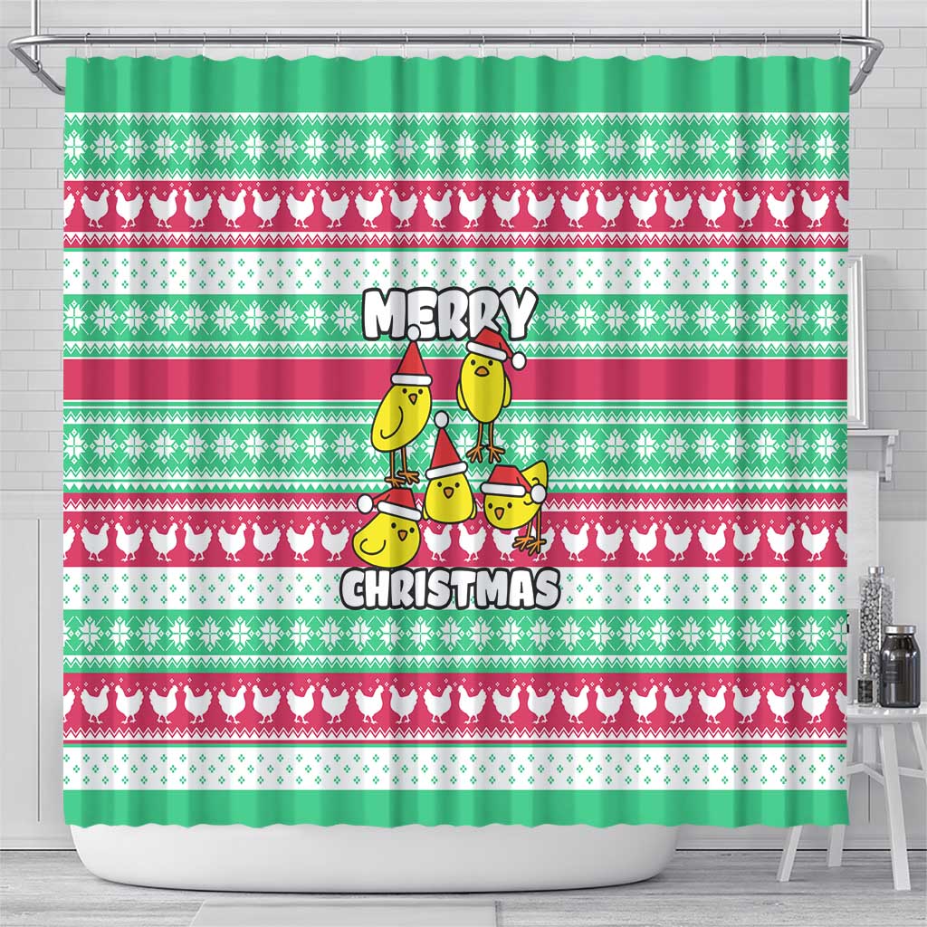 Merry Chickmas Christmas Shower Curtain with Yellow Cartoon Birds in Santa Hats and Red Green Snowflake Pattern - Wonder Print Shop