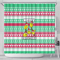 Merry Chickmas Christmas Shower Curtain with Yellow Cartoon Birds in Santa Hats and Red Green Snowflake Pattern - Wonder Print Shop