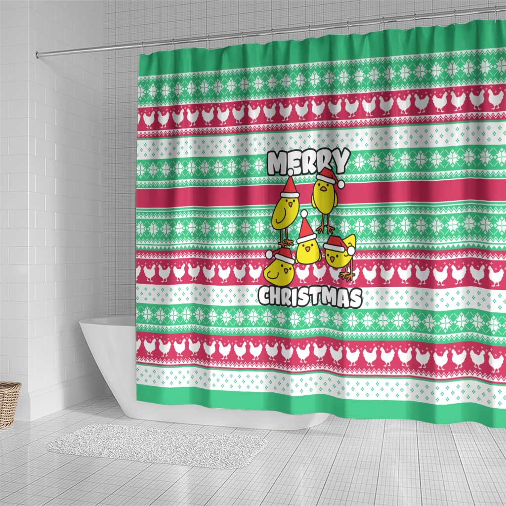 Merry Chickmas Christmas Shower Curtain with Yellow Cartoon Birds in Santa Hats and Red Green Snowflake Pattern - Wonder Print Shop