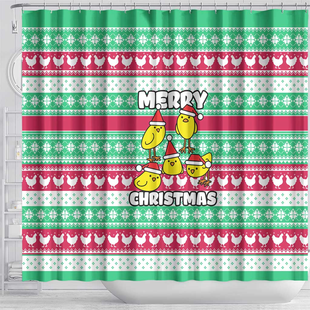 Merry Chickmas Christmas Shower Curtain with Yellow Cartoon Birds in Santa Hats and Red Green Snowflake Pattern - Wonder Print Shop