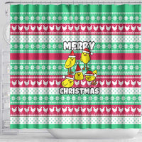 Merry Chickmas Christmas Shower Curtain with Yellow Cartoon Birds in Santa Hats and Red Green Snowflake Pattern - Wonder Print Shop
