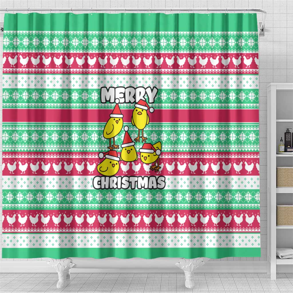 Merry Chickmas Christmas Shower Curtain with Yellow Cartoon Birds in Santa Hats and Red Green Snowflake Pattern - Wonder Print Shop