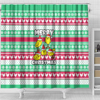 Merry Chickmas Christmas Shower Curtain with Yellow Cartoon Birds in Santa Hats and Red Green Snowflake Pattern - Wonder Print Shop