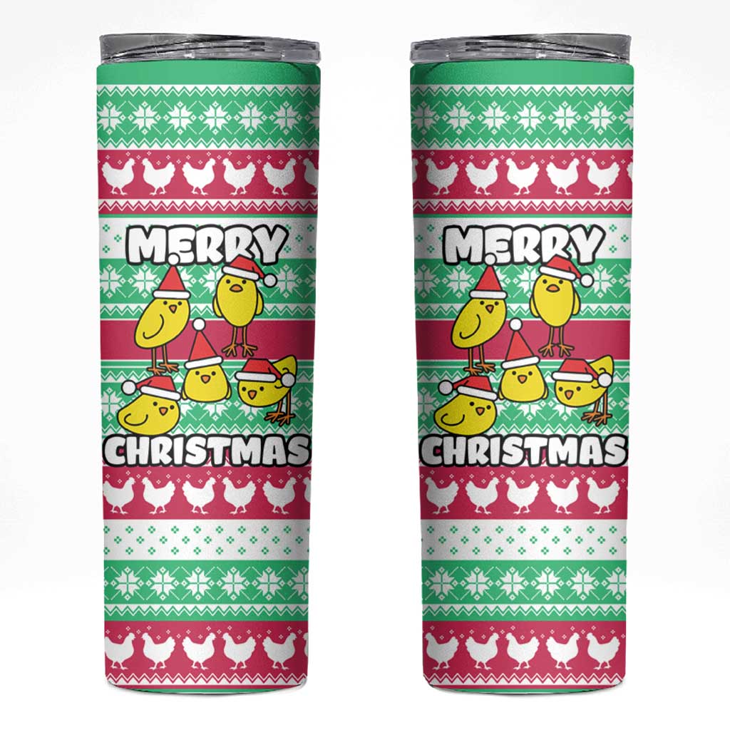 Merry Chickmas Christmas Skinny Tumbler with Yellow Cartoon Birds in Santa Hats and Red Green Snowflake Pattern - Wonder Print Shop