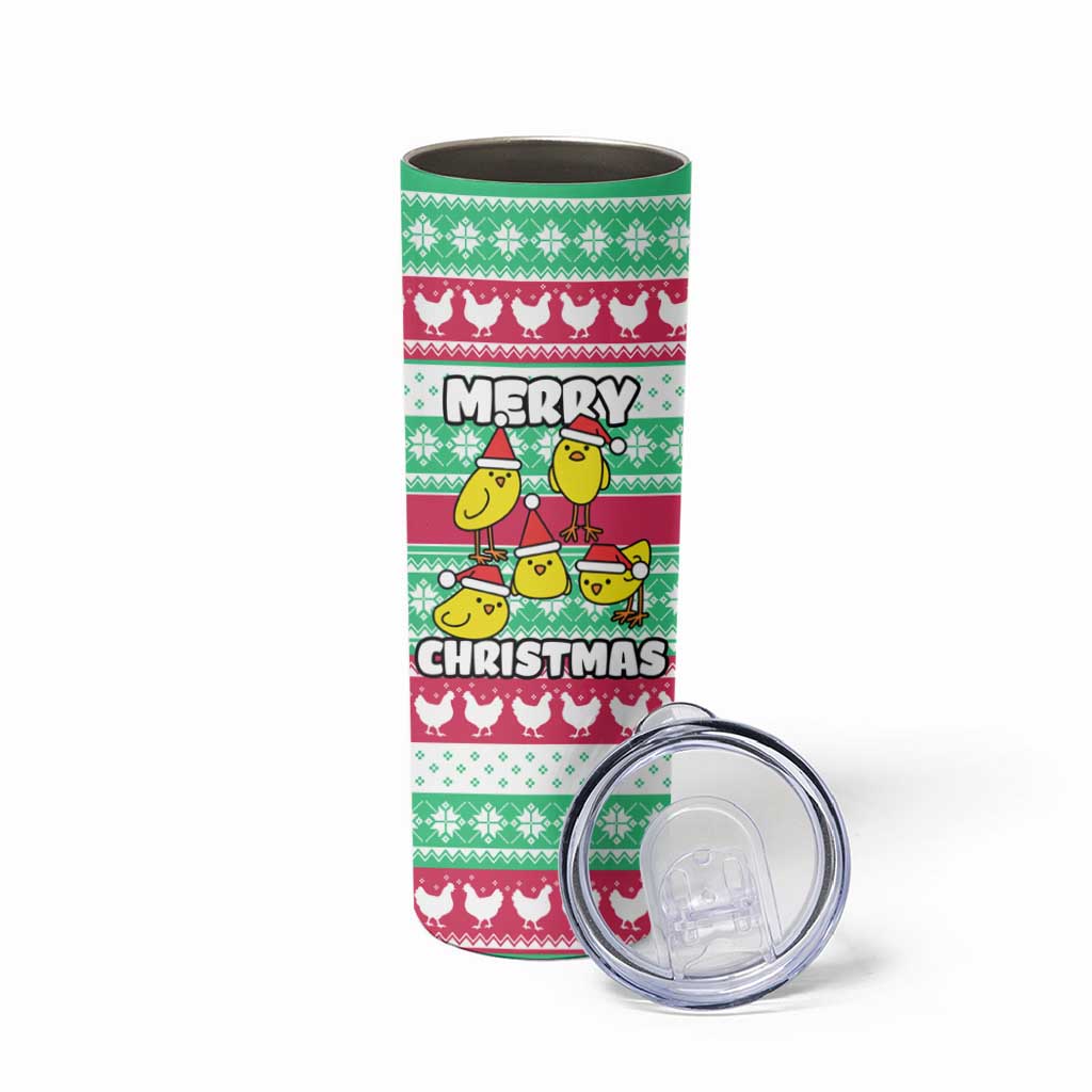 Merry Chickmas Christmas Skinny Tumbler with Yellow Cartoon Birds in Santa Hats and Red Green Snowflake Pattern - Wonder Print Shop