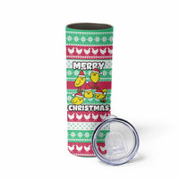 Merry Chickmas Christmas Skinny Tumbler with Yellow Cartoon Birds in Santa Hats and Red Green Snowflake Pattern - Wonder Print Shop
