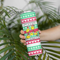 Merry Chickmas Christmas Skinny Tumbler with Yellow Cartoon Birds in Santa Hats and Red Green Snowflake Pattern - Wonder Print Shop