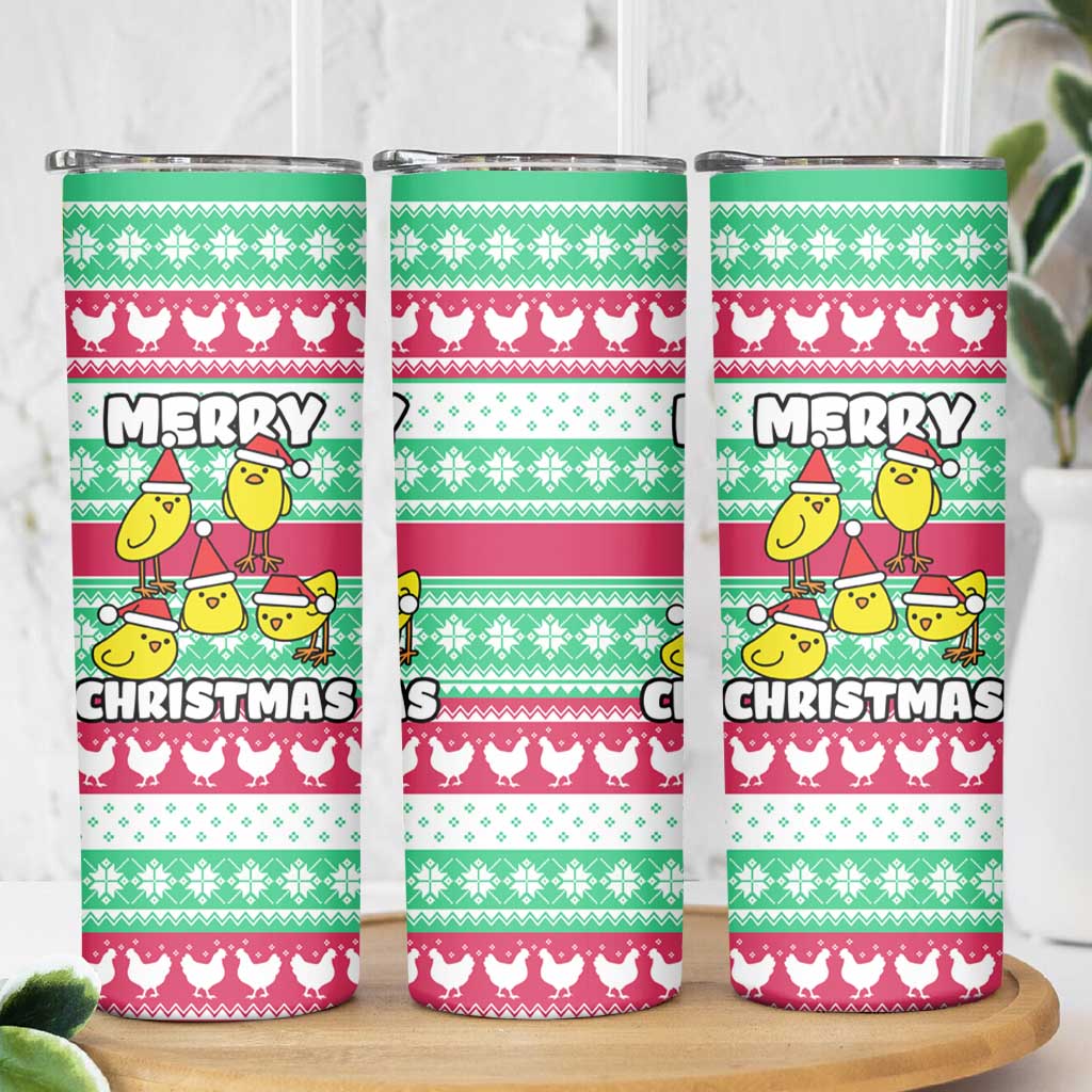 Merry Chickmas Christmas Skinny Tumbler with Yellow Cartoon Birds in Santa Hats and Red Green Snowflake Pattern - Wonder Print Shop