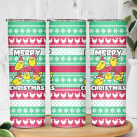 Merry Chickmas Christmas Skinny Tumbler with Yellow Cartoon Birds in Santa Hats and Red Green Snowflake Pattern - Wonder Print Shop