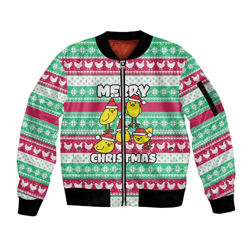 Merry Chickmas Christmas Sleeve Zip Bomber Jacket with Yellow Cartoon Birds in Santa Hats and Red Green Snowflake Pattern - Wonder Print Shop