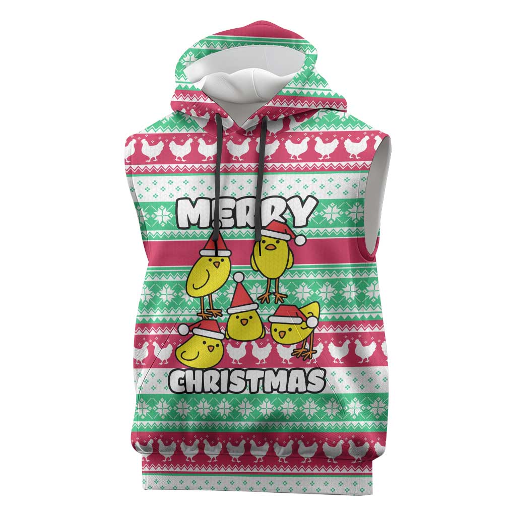 Merry Chickmas Christmas Sleeveless Hoodie with Yellow Cartoon Birds in Santa Hats and Red Green Snowflake Pattern - Wonder Print Shop