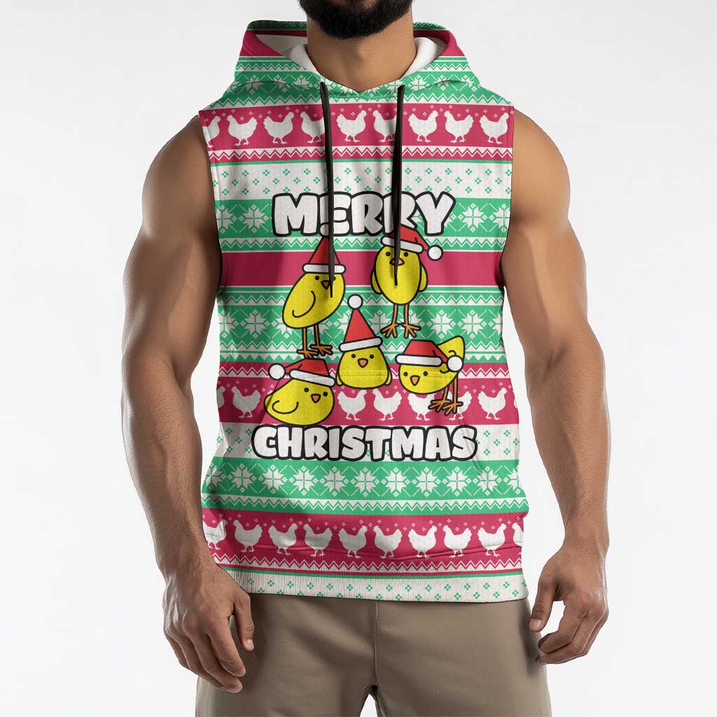 Merry Chickmas Christmas Sleeveless Hoodie with Yellow Cartoon Birds in Santa Hats and Red Green Snowflake Pattern - Wonder Print Shop