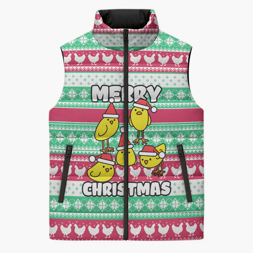 Merry Chickmas Christmas Sleeveless Puffer Jacket with Yellow Cartoon Birds in Santa Hats and Red Green Snowflake Pattern - Wonder Print Shop