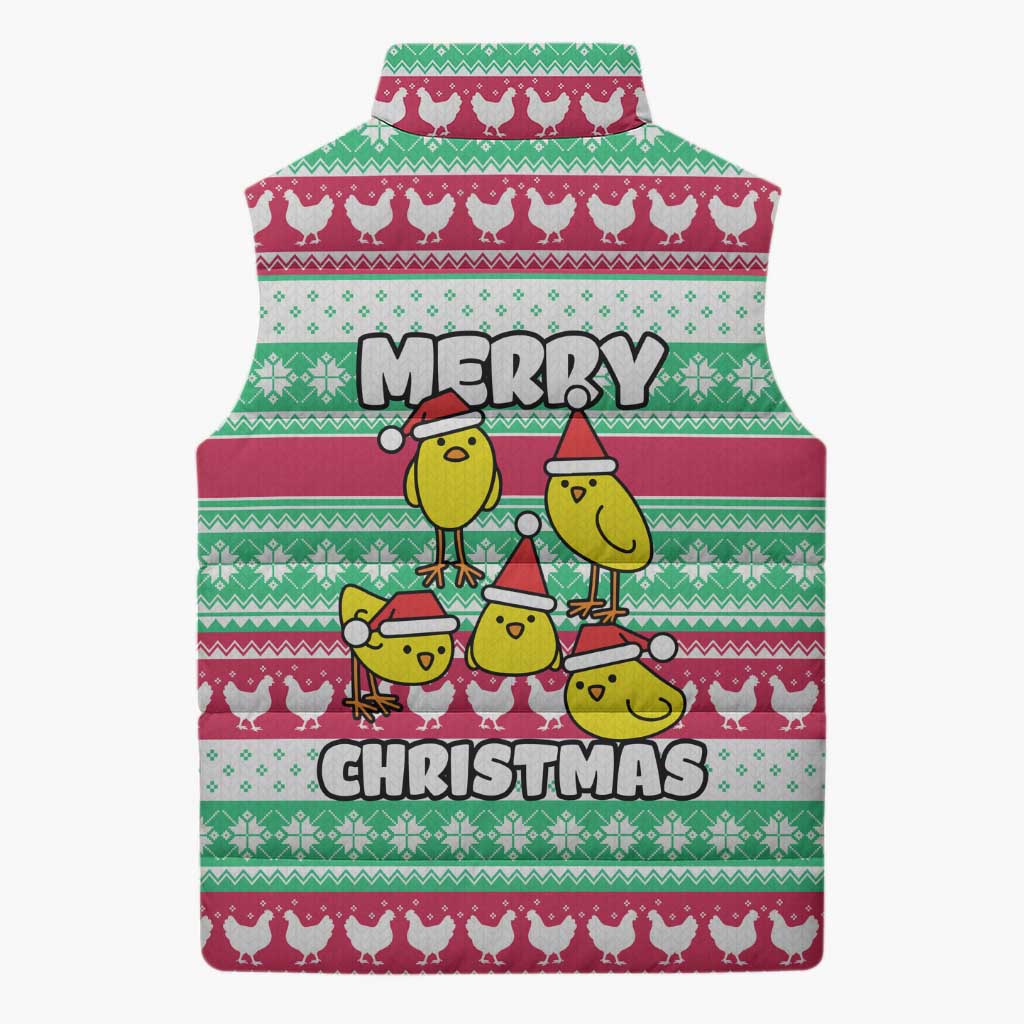 Merry Chickmas Christmas Sleeveless Puffer Jacket with Yellow Cartoon Birds in Santa Hats and Red Green Snowflake Pattern - Wonder Print Shop