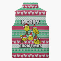 Merry Chickmas Christmas Sleeveless Puffer Jacket with Yellow Cartoon Birds in Santa Hats and Red Green Snowflake Pattern - Wonder Print Shop