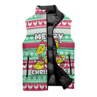 Merry Chickmas Christmas Sleeveless Puffer Jacket with Yellow Cartoon Birds in Santa Hats and Red Green Snowflake Pattern - Wonder Print Shop