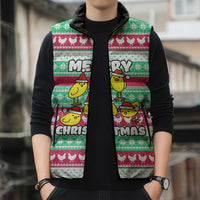 Merry Chickmas Christmas Sleeveless Puffer Jacket with Yellow Cartoon Birds in Santa Hats and Red Green Snowflake Pattern - Wonder Print Shop