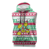 Merry Chickmas Christmas Sleeveless Zip Hoodie with Yellow Cartoon Birds in Santa Hats and Red Green Snowflake Pattern - Wonder Print Shop