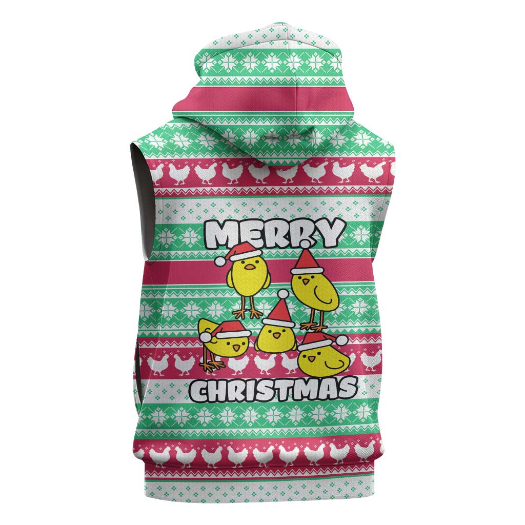 Merry Chickmas Christmas Sleeveless Zip Hoodie with Yellow Cartoon Birds in Santa Hats and Red Green Snowflake Pattern - Wonder Print Shop