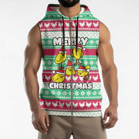 Merry Chickmas Christmas Sleeveless Zip Hoodie with Yellow Cartoon Birds in Santa Hats and Red Green Snowflake Pattern - Wonder Print Shop