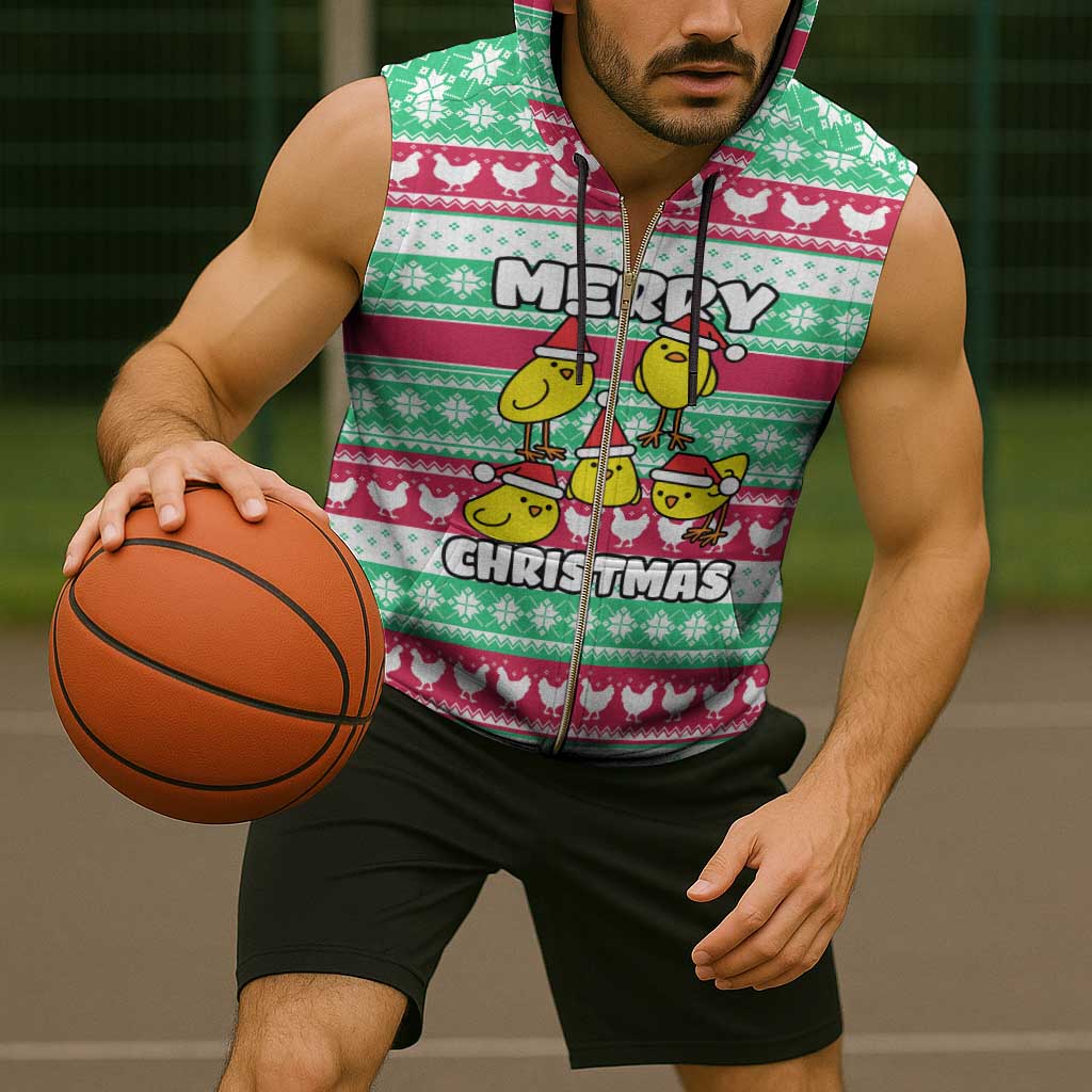 Merry Chickmas Christmas Sleeveless Zip Hoodie with Yellow Cartoon Birds in Santa Hats and Red Green Snowflake Pattern - Wonder Print Shop