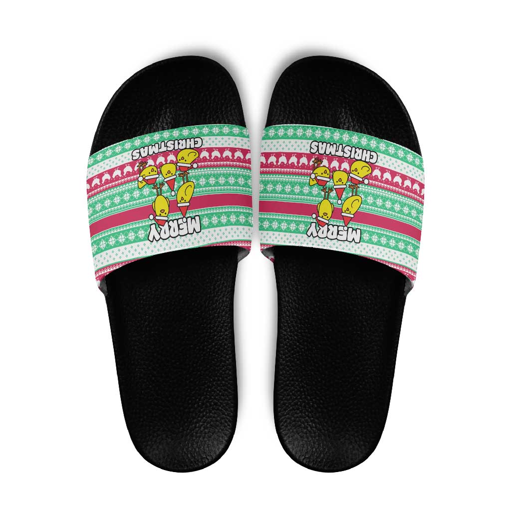 Merry Chickmas Christmas Slide Sandals with Yellow Cartoon Birds in Santa Hats and Red Green Snowflake Pattern - Wonder Print Shop