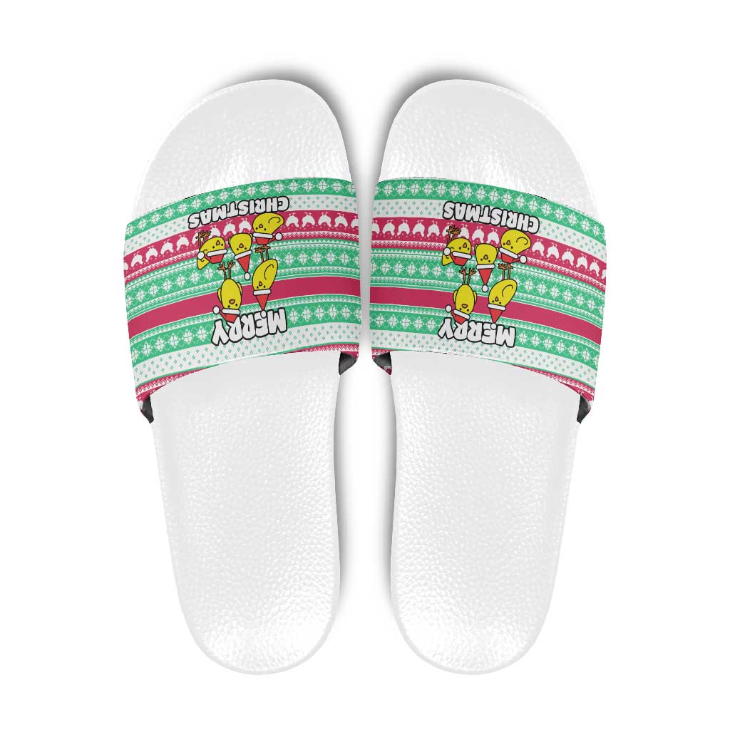 Merry Chickmas Christmas Slide Sandals with Yellow Cartoon Birds in Santa Hats and Red Green Snowflake Pattern - Wonder Print Shop