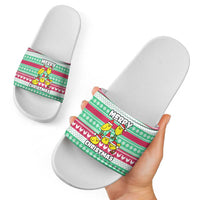 Merry Chickmas Christmas Slide Sandals with Yellow Cartoon Birds in Santa Hats and Red Green Snowflake Pattern - Wonder Print Shop