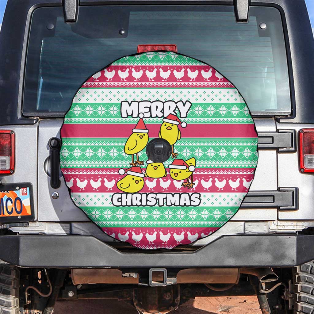 Merry Chickmas Christmas Spare Tire Cover with Yellow Cartoon Birds in Santa Hats and Red Green Snowflake Pattern - Wonder Print Shop